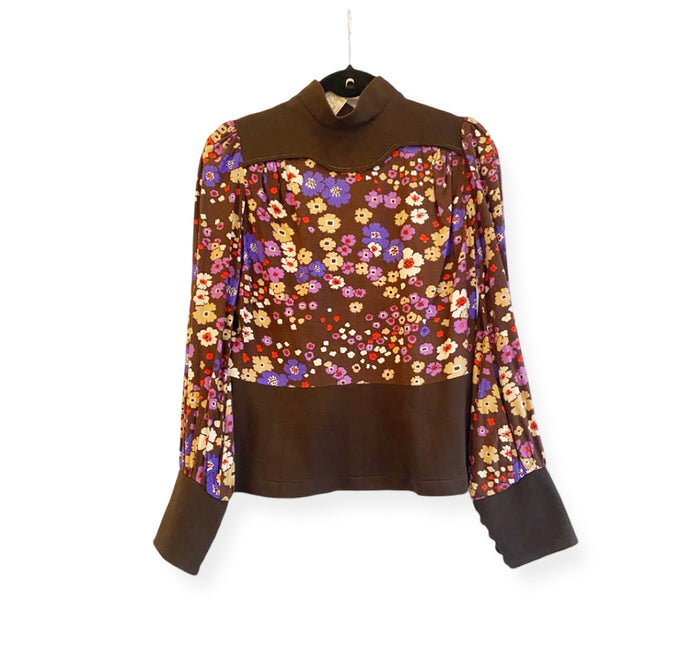 1970S FLORAL & BROWN BLOUSE