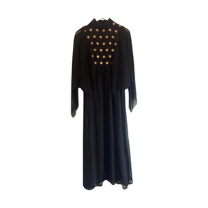 1970S BLACK & GOLD ANGEL SLEEVE DISCO DRESS